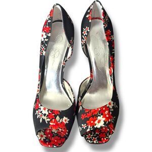 Jessica Simpson Stiletto Heels Black Red Floral Print Pumps Size 9.5